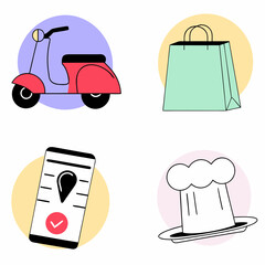 Food Delivery Vector Pack – scooter, paper bag, phone app, chef hat, meal box.