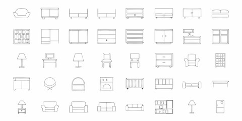 Collection of hand drawn furniture icons and line art illustrations for interior design and home decor