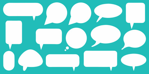 Collection of diverse white speech bubbles and thought bubbles on a teal background