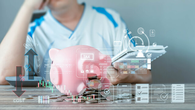 A man plans his annual taxes and finances. A piggy bank with coins sits on his desk, surrounded by digital icons representing savings, investment, cost reduction, and time management.