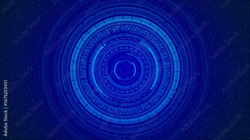 Poster futuristic round hud animation glowing concentric circles, moving digital rings, blue neon highlight