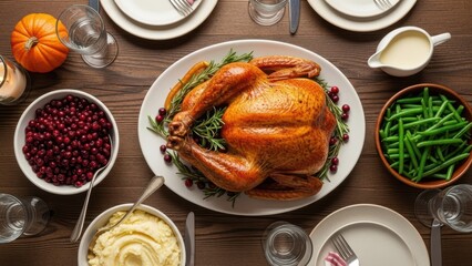 An overhead view of a Thanksgiving dinner table featuring a roasted turkey and various side dishes.