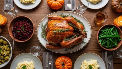 A top-down view of a Thanksgiving feast with a large roast turkey as the centerpiece.
