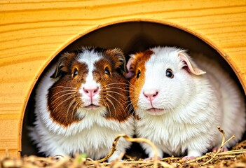 Two Guinea Pigs in Wooden Tunnel with Hay Straw and Grass
