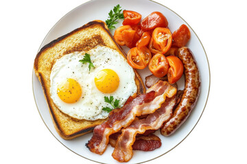 Delicious American breakfast set featuring sunny side up eggs, crispy bacon, toasted bread, sausage, and fresh tomatoes on a white plate