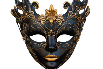 Naklejka premium Elegant black carnival mask with ornate golden details, perfect for masquerade balls or festive celebrations
