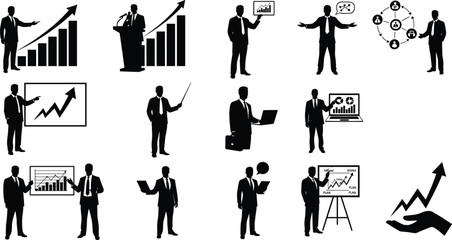 Businessman presenting charts, financial growth graphs, business success, professional corporate presentation, data analysis, leadership, teamwork, strategy, communication, business progress.