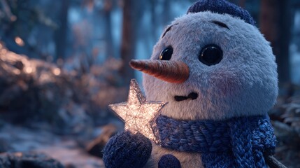 Cute Snowman Holding Glittering Star on Winter Night Background