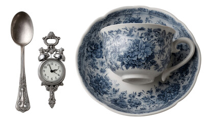 Vintage Spoon Alarm Clock and Floral Tea Cup Display