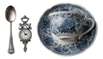 Vintage Spoon Alarm Clock and Floral Tea Cup Display