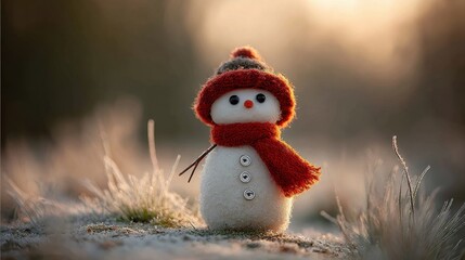 Obraz premium Cute Snowman in Winter Landscape Wearing Red Hat and Scarf