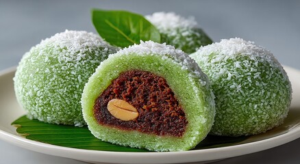 Green mochi, filled with brown, coated in coconut