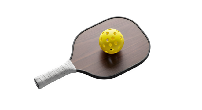 Clean composition pickleball paddle with yellow ball on transparent background no branding