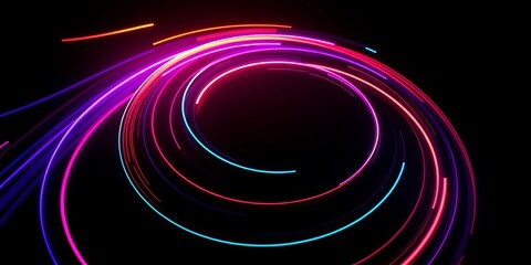 Vibrant neon gradient speed lines swirl in circular patterns on black,  element,  graphic