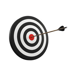 Black and white bullseye target with a single arrow hitting the center, symbolizing focus, success, achievement, and creativity. Isolated on white or transparent background. PNG format.