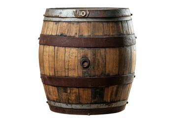 Obraz premium Rustic wooden barrel with metal bands isolated on white background, perfect for decorative or storage purposes in home and commercial settings