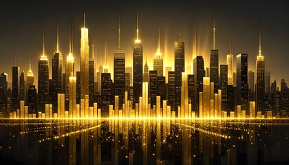 Obraz premium Abstract soundwave skyline with glowing golden bars, futuristic city concept