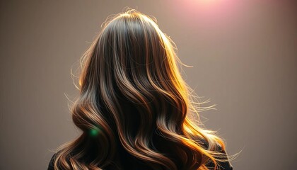 Long, glossy, wavy hair flipped back under bright studio lighting,  product photography,   marketing