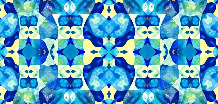 Hand-painted watercolor blue geometric tile pattern, seamless repeat, elegant, texture