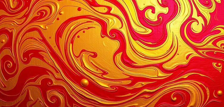 Intricate red and gold metallic swirls, glossy texture, vivid paint patterns,   material, vivid