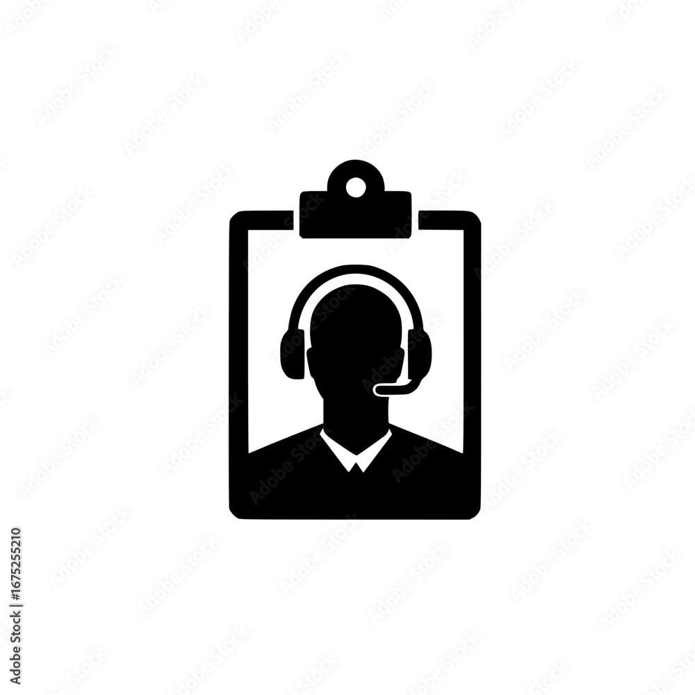 Poster person with headphones icon inside clipboard representing audio user data and listening activity log