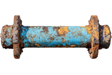 Detailed view of blue damaged rusty metal rod isolated with clear focus on texture and corrosion, showcasing its weathered surface and industrial aesthetic
