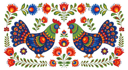 A vibrant Polish folk art design featuring two symmetrical roosters in brilliant colors. Surrounded by stylized floral motifs, this traditional pattern is cheerful, intricate, and full of life.
