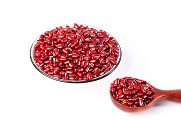 Red Adzuki Beans in Bowl and Spoon Studio Shot on White Background