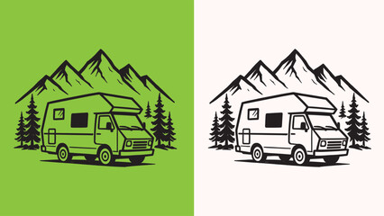 Obraz premium Camper Van with Mountain and Pine Trees Illustration in Black and White