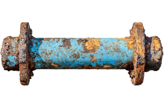 Detailed view of blue damaged rusty metal rod isolated with clear focus on texture and corrosion, showcasing its weathered surface and industrial aesthetic