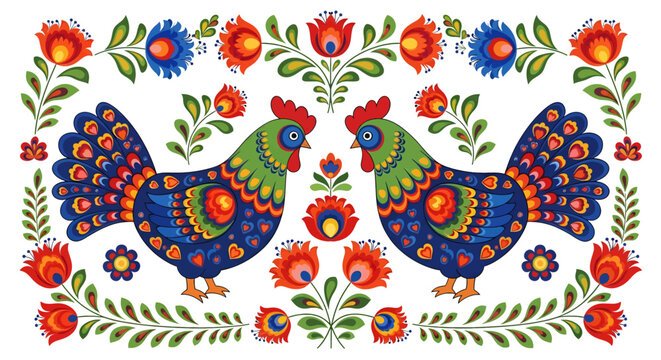 A vibrant Polish folk art design featuring two symmetrical roosters in brilliant colors. Surrounded by stylized floral motifs, this traditional pattern is cheerful, intricate, and full of life.