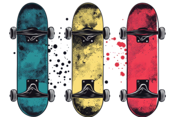 Vintage halftone skateboard collection featuring vibrant colors and dynamic patterns on a textured background