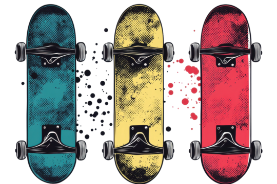 Vintage halftone skateboard collection featuring vibrant colors and dynamic patterns on a textured background - Powered by Adobe