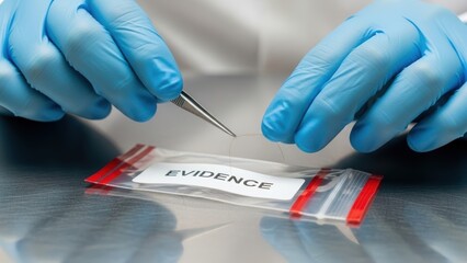 A forensic lab worker with tweezers placing a hair sample into an evidence bag.