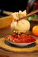 Fresh Mongolian Mutton Belly with Spicy Dipping Sauce and Chopsticks - Traditional Asian Cuisine