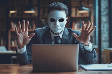 young businessman working in the office, sitting at a table with a laptop, wearing a virtual mask, and communicating online via video communication while gesturing with his hands, Generative AI