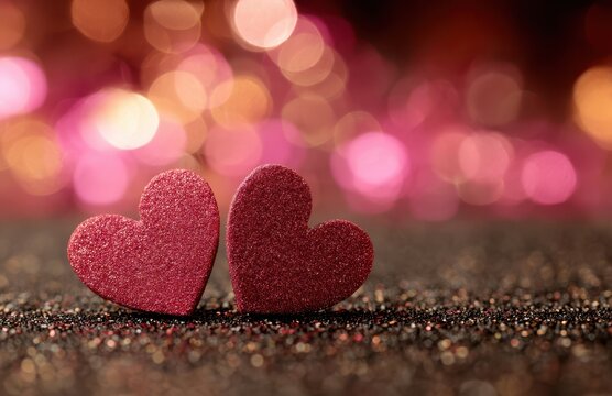 Two sparkling red glitter heart shapes resting on a textured surface with a soft bokeh background of pink and gold lights