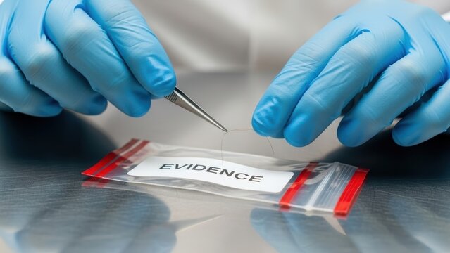 A forensic lab worker with tweezers placing a hair sample into an evidence bag.