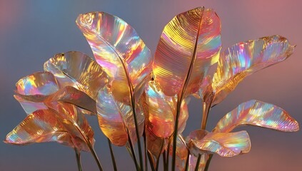 Holographic leaves in vibrant pastel colors