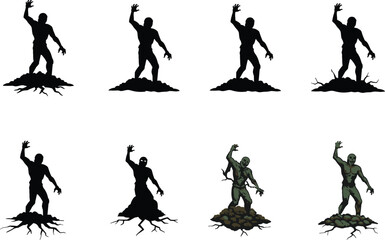 Zombie rising from grave illustration, horror undead character silhouette and color versions, Halloween themed creepy creature art for dark designs