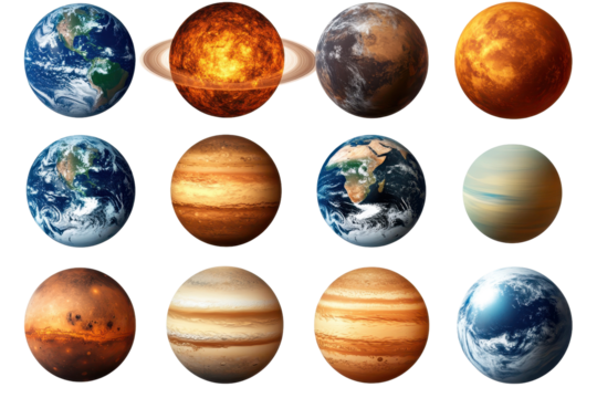 Solar system planets and Moon depicted in high-quality gigapixel format showcasing their unique features and attributes