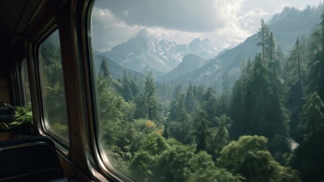 Scenic mountain vista seen from a train car window, showcasing lush greenery and snow-capped peaks.