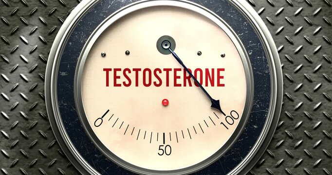 Testosterone meter that is hitting a full scale, showing rising levels of testosterone, overload of it, too much of it. Maximum value, off the charts.