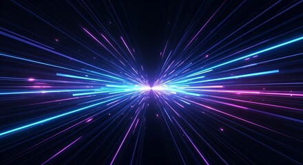Fototapeta premium Futuristic abstract background with glowing neon light streaks in blue, purple, and pink. Dynamic forward motion effect, vibrant contrast, smooth gradient, and immersive depth.