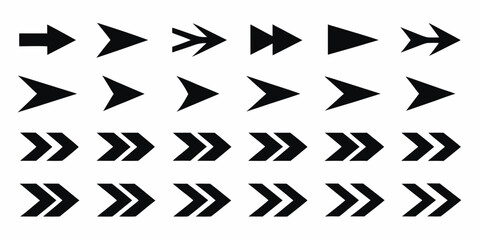 Collection of diverse black arrow icons and symbols pointing to the right on a white background