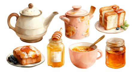 Cozy Breakfast Scene with Teapot and Honey Jar