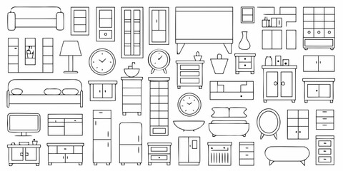 Collection of simple line art icons representing various furniture and home decor items