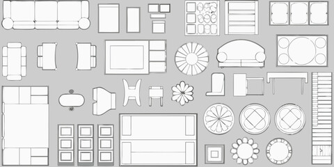 Top down view collection of furniture and home decor items in a blueprint style © John Lee