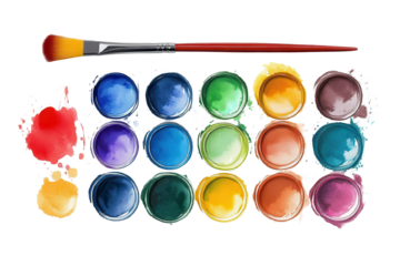 Watercolor palette with vibrant paints and brush arranged on a bright background for artistic exploration and creativity