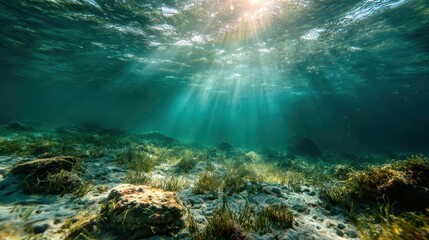 Fototapeta premium Sunlight beams through clear turquoise ocean water illuminating a vibrant coral reef ecosystem below